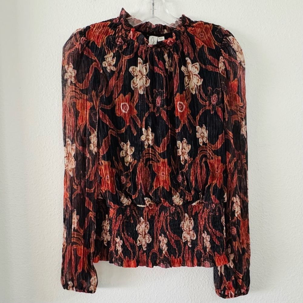 Joie Blouse Sheer Lined, High Collar, Long Sleeves, Black, Brown, Orange, Size M